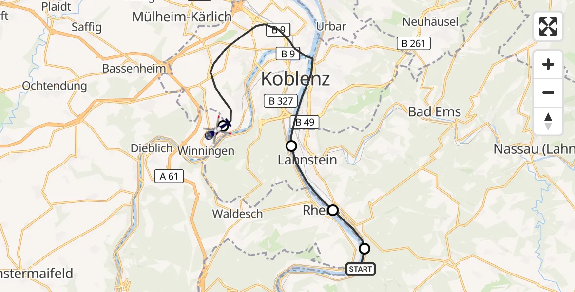 Flugroute Polizeihubschrauber Osterspai - Koblenz-Winningen Flugplatz, 28 Oktober 2026, 14:21