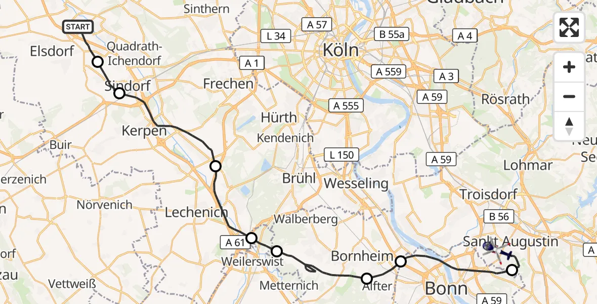 Flugroute Polizeihubschrauber Bergheim - Sankt Augustin, 28 Oktober 2026, 14:29