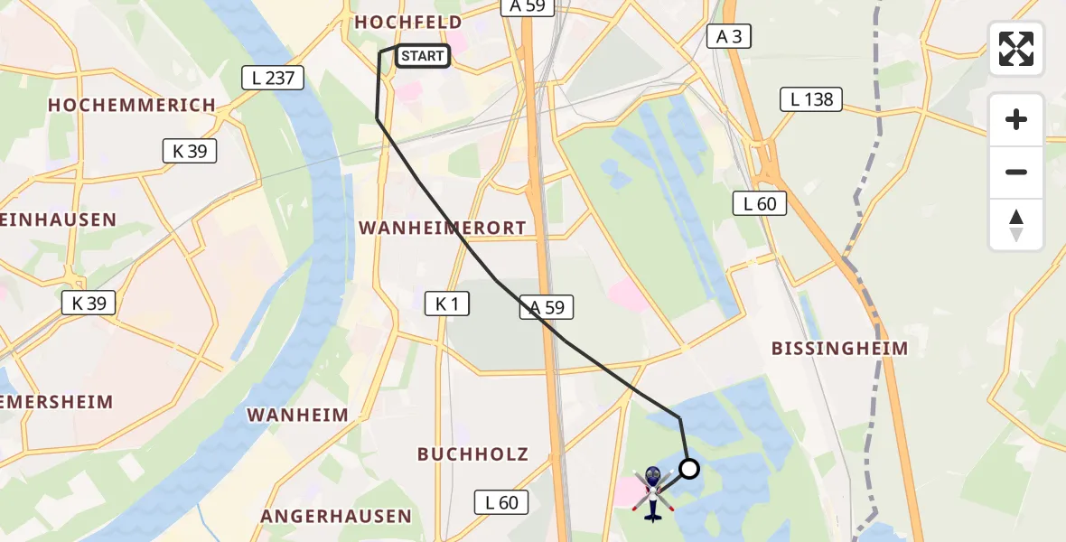 Flugroute Polizeihubschrauber Duisburg - Duisburg Air Rescue Hubschrauberlandeplatz (Christoph 9), 28 Oktober 2026, 14:33