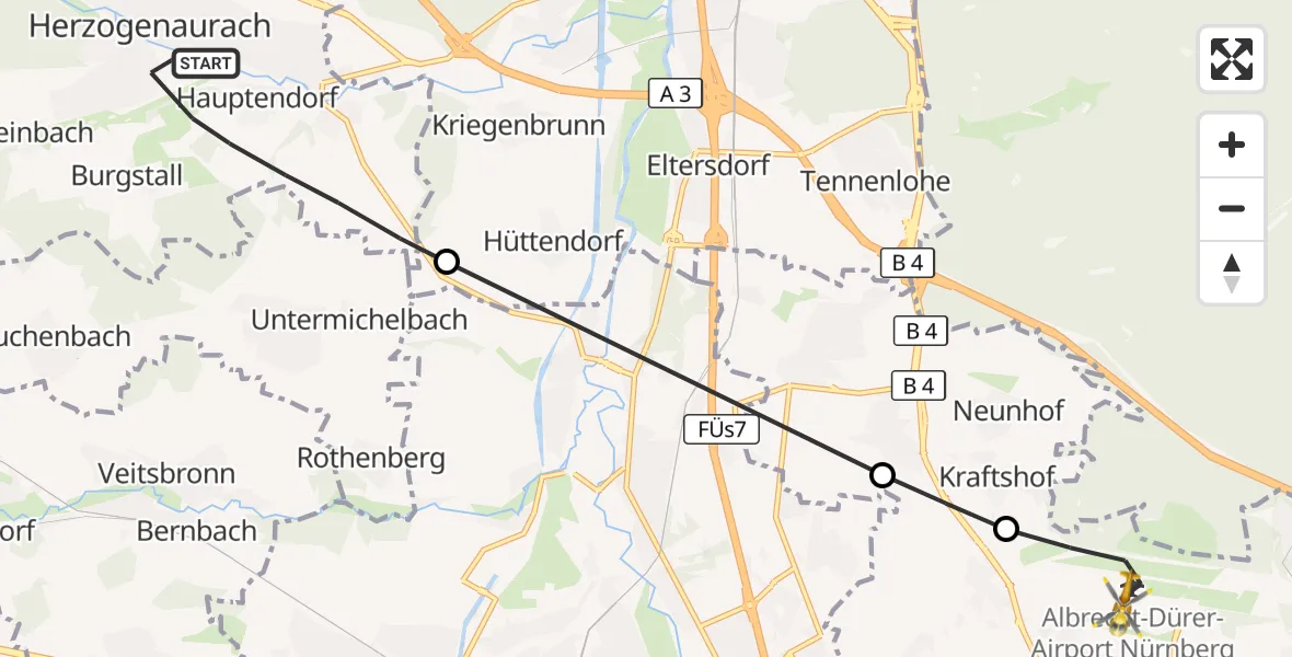 Flugroute Ambulanzhubschrauber Herzogenaurach - Flughafen Nuremberg, 28 Oktober 2026, 14:36