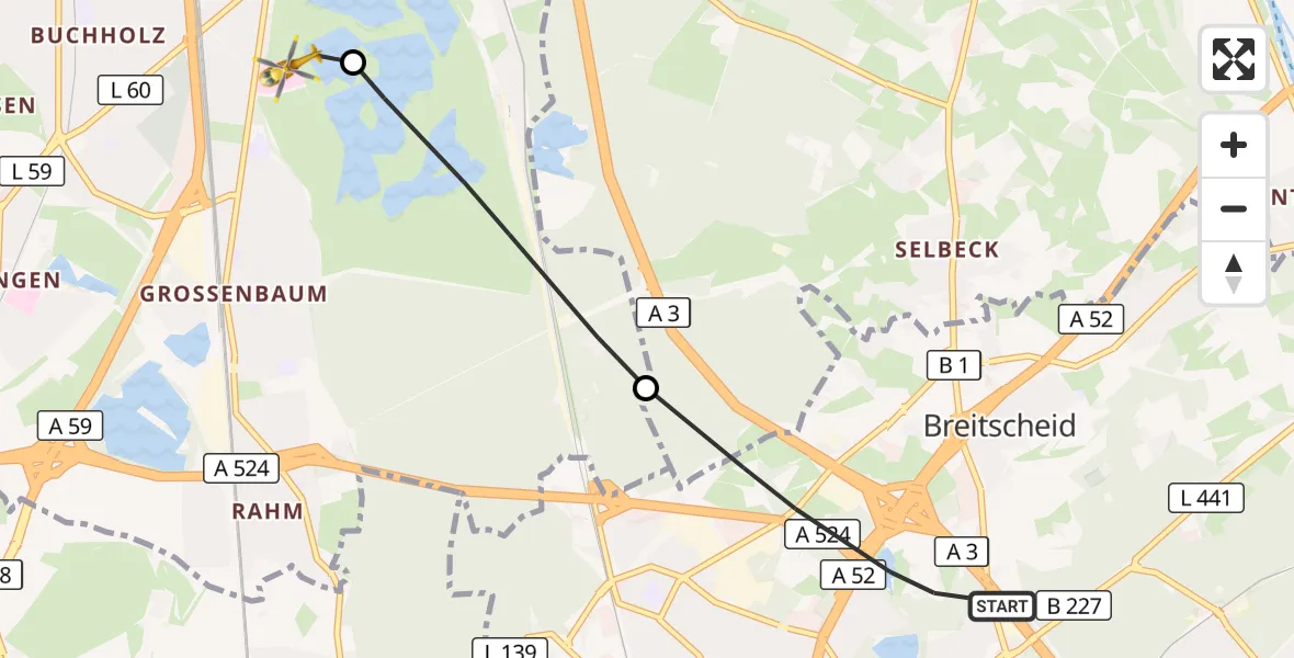 Flugroute Rettungshubschrauber Ratingen - Duisburg Air Rescue Hubschrauberlandeplatz (Christoph 9), 28 Oktober 2026, 14:50