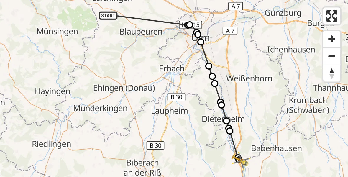 Flugroute Rettungshubschrauber Heroldstatt - Dettingen an der Iller, 28 Oktober 2026, 14:54