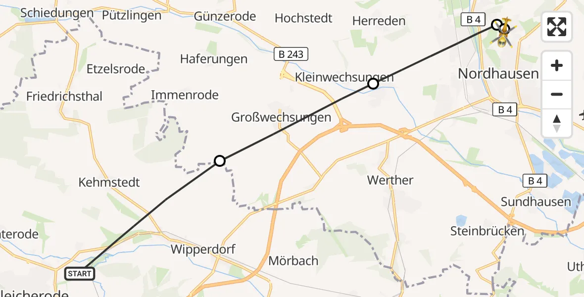 Flugroute Rettungshubschrauber Bleicherode - Südharz Hospital Nordhausen, 28 Oktober 2026, 14:54