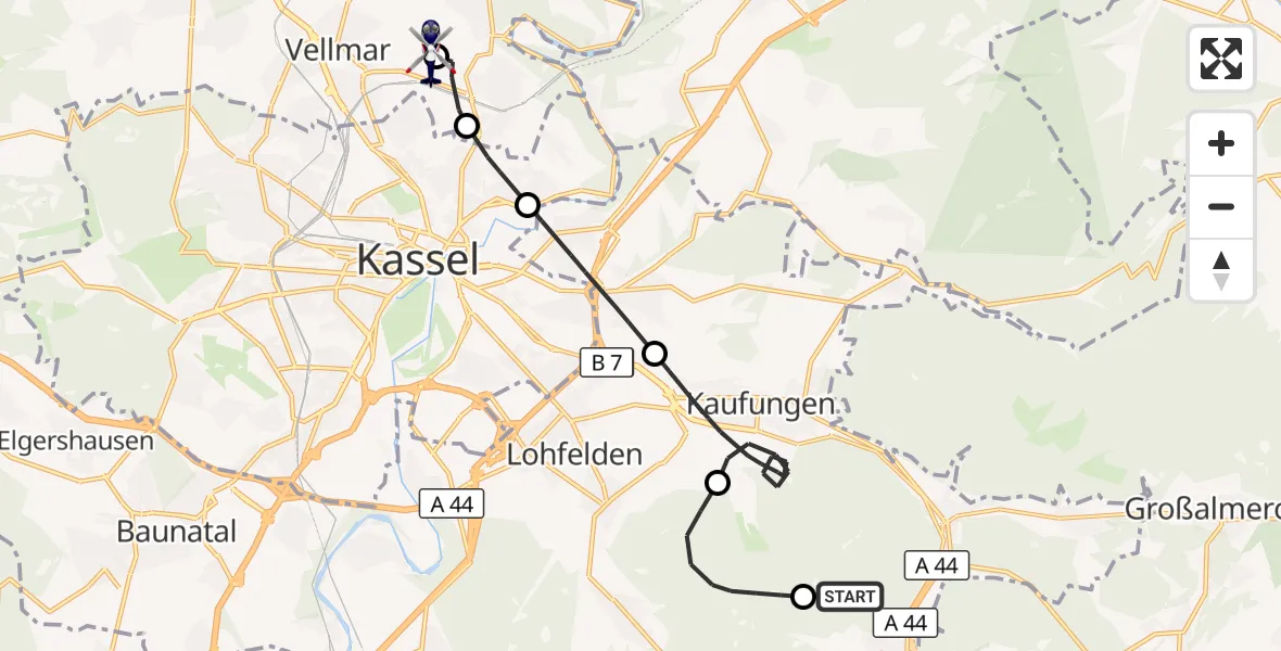 Flugroute Polizeihubschrauber Helsa - Fuldatal Bundespolizei Hubschrauberlandeplatz, 28 Oktober 2026, 14:56