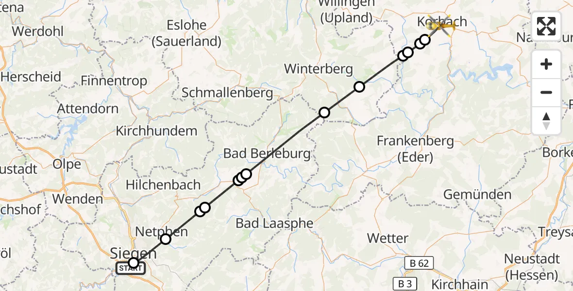 Flugroute Rettungshubschrauber Evangelisches Jung-Stilling Hospital - Korbach, 28 Oktober 2026, 15:23
