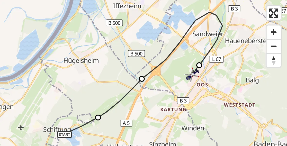 Flugroute Polizeihubschrauber Sinzheim - Baden-Oos Flugplatz, 28 Oktober 2026, 15:23