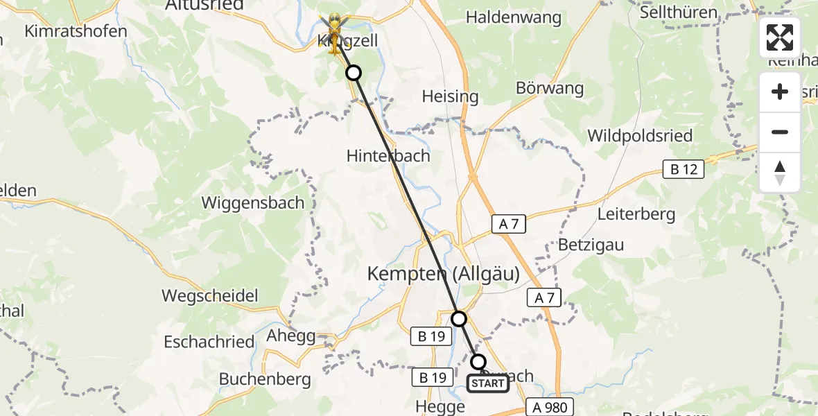 Flugroute Rettungshubschrauber Kempten-Durach Flugplatz - Altusried, 28 Oktober 2026, 15:25