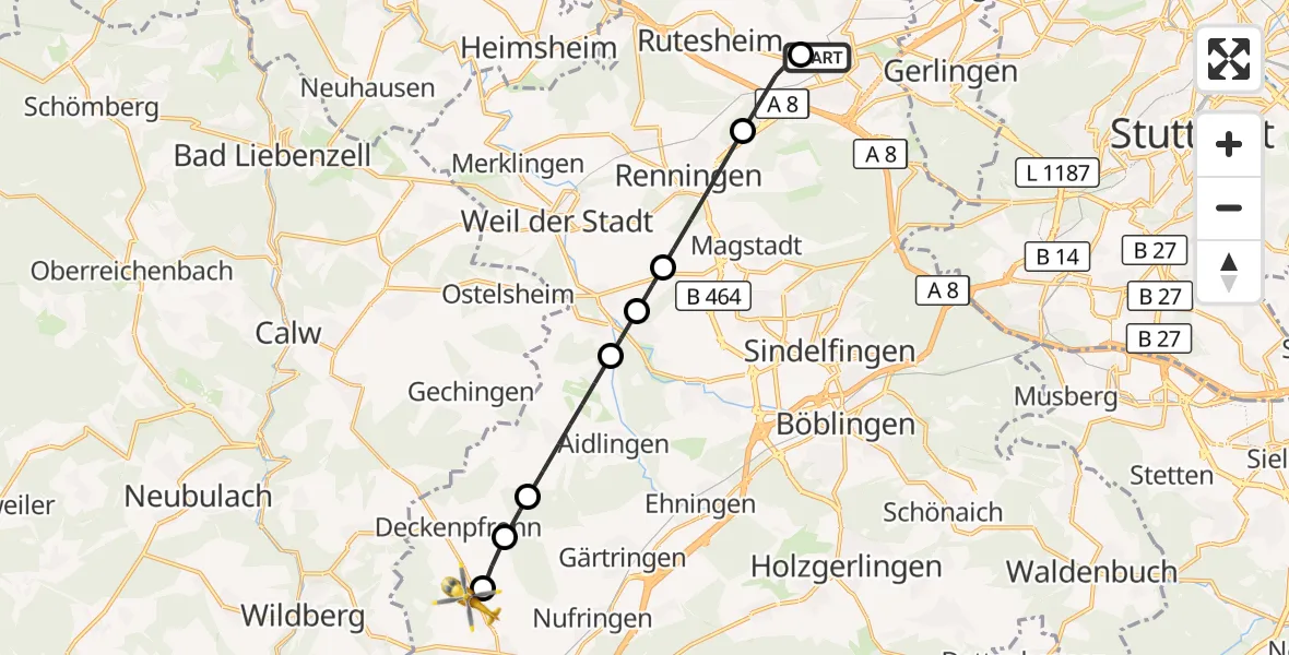 Flugroute Rettungshubschrauber Leonberg Hospital - Herrenberg, 28 Oktober 2026, 15:36