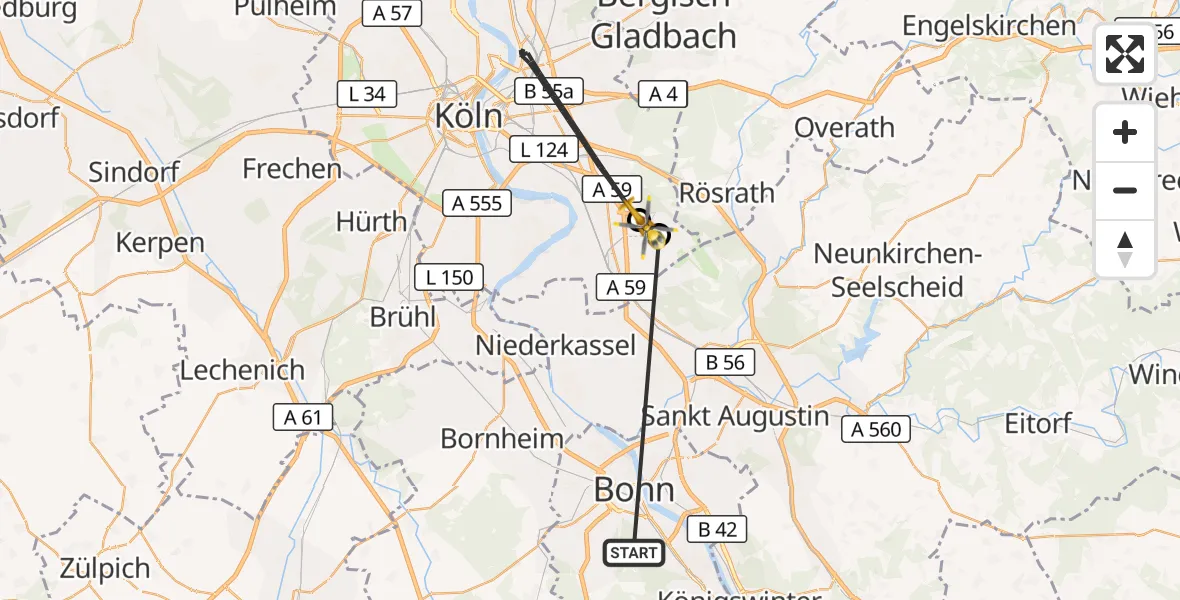 Flugroute Ambulanzhubschrauber Bonn University Hospital - Köln Bonn Flughafen, 28 Oktober 2026, 15:48