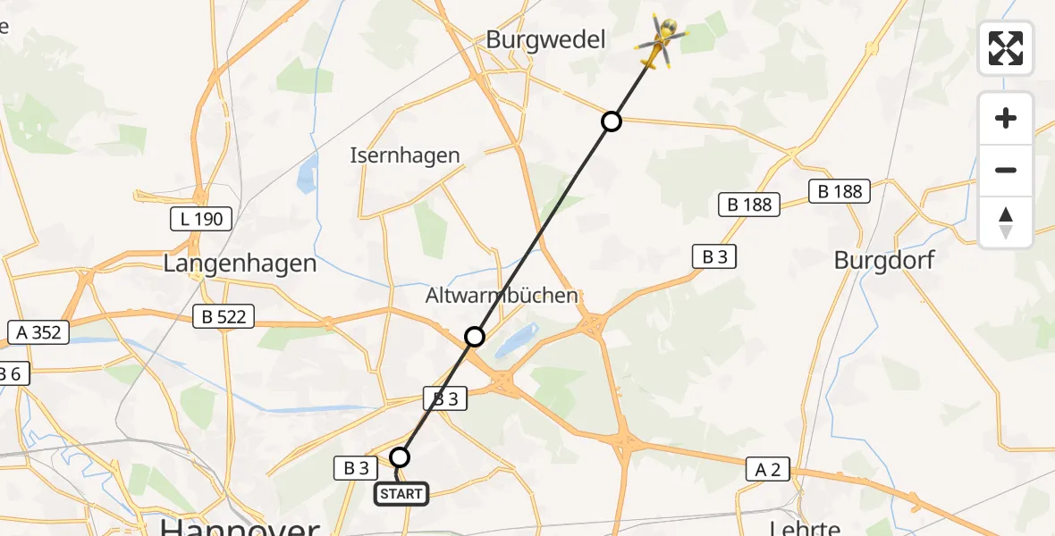 Flugroute Rettungshubschrauber Hannover Luftrettung Hubschrauberlandeplatz (Christoph 4) - Burgwedel, 28 Oktober 2026, 15:53