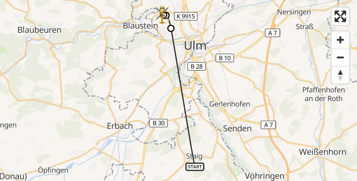 Flugroute Rettungshubschrauber Staig - Ulm Military Hospital Emergency, 28 Oktober 2026, 16:15