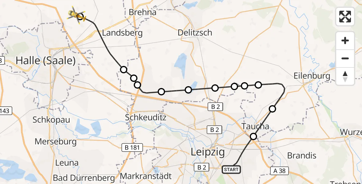 Flugroute Rettungshubschrauber Leipzig - Halle-Oppin Flugplatz, 28 Oktober 2026, 16:19