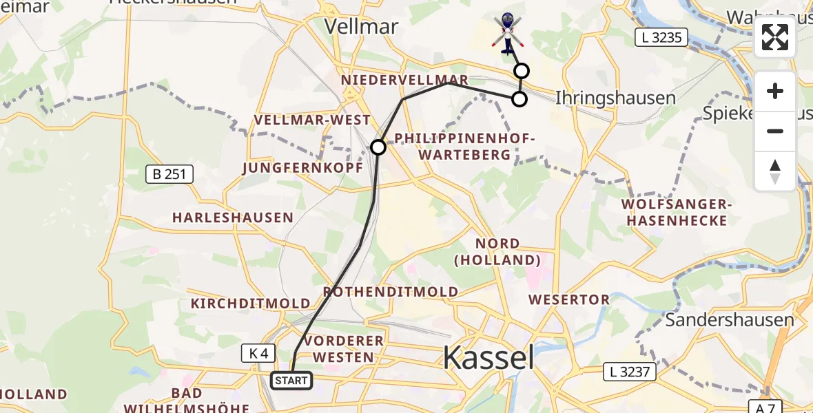 Flugroute Polizeihubschrauber Kassel - Fuldatal Bundespolizei Hubschrauberlandeplatz, 28 Oktober 2026, 16:20