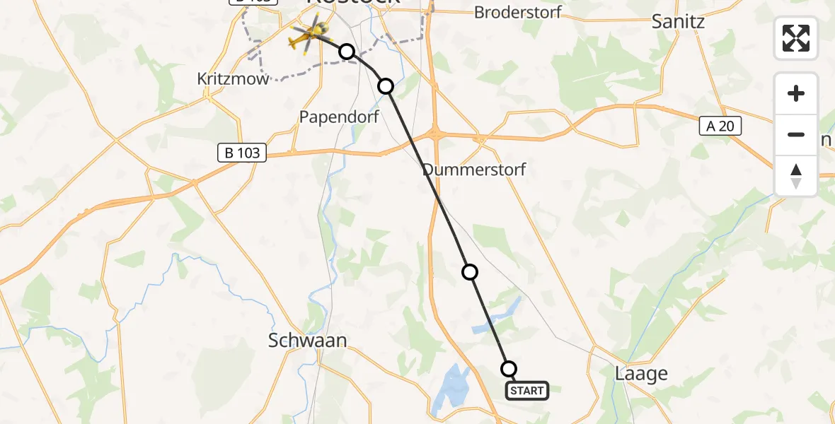 Flugroute Rettungshubschrauber Flughafen Rostock-Laage - Rostock, 28 Oktober 2026, 16:24