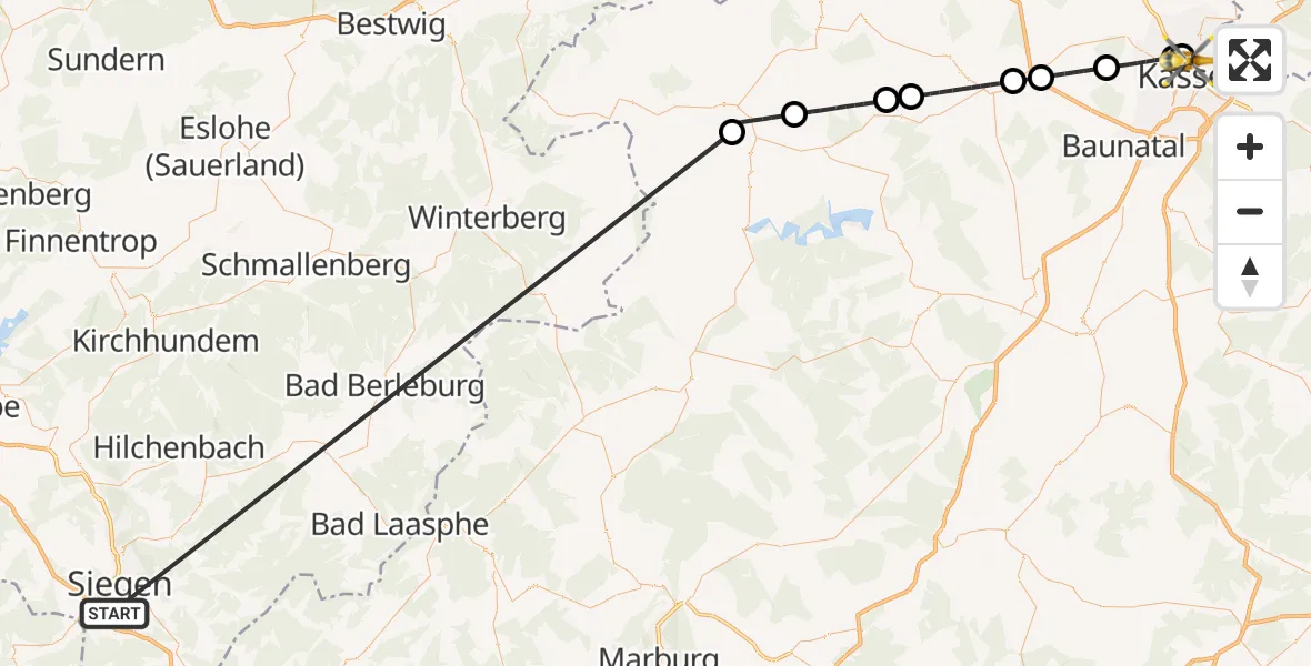 Flugroute Rettungshubschrauber Evangelisches Jung-Stilling Hospital - Kassel, 28 Oktober 2026, 16:40