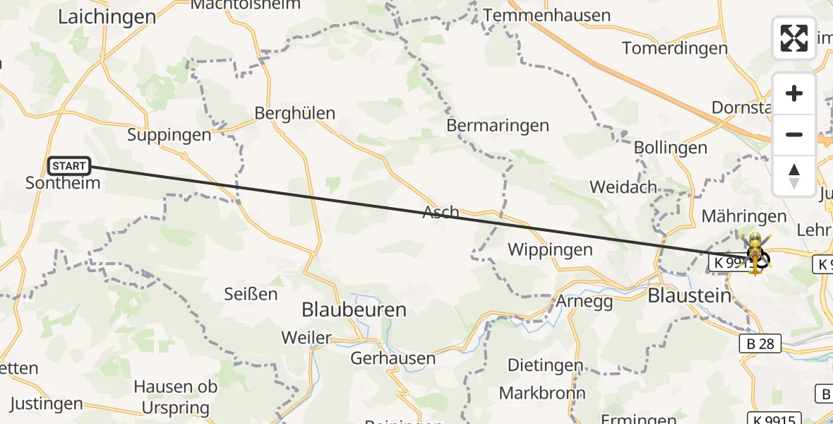 Flugroute Rettungshubschrauber Heroldstatt - ADAC Air Rescue Station Ulm (Christoph 22), 28 Oktober 2026, 16:44