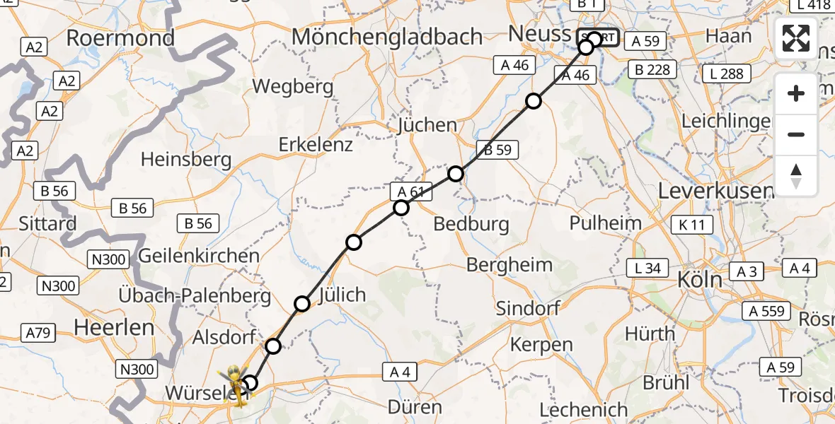 Flugroute Rettungshubschrauber Düsseldorf University Hospital - Aachen-Merzbrück Flughafen, 28 Oktober 2026, 16:52