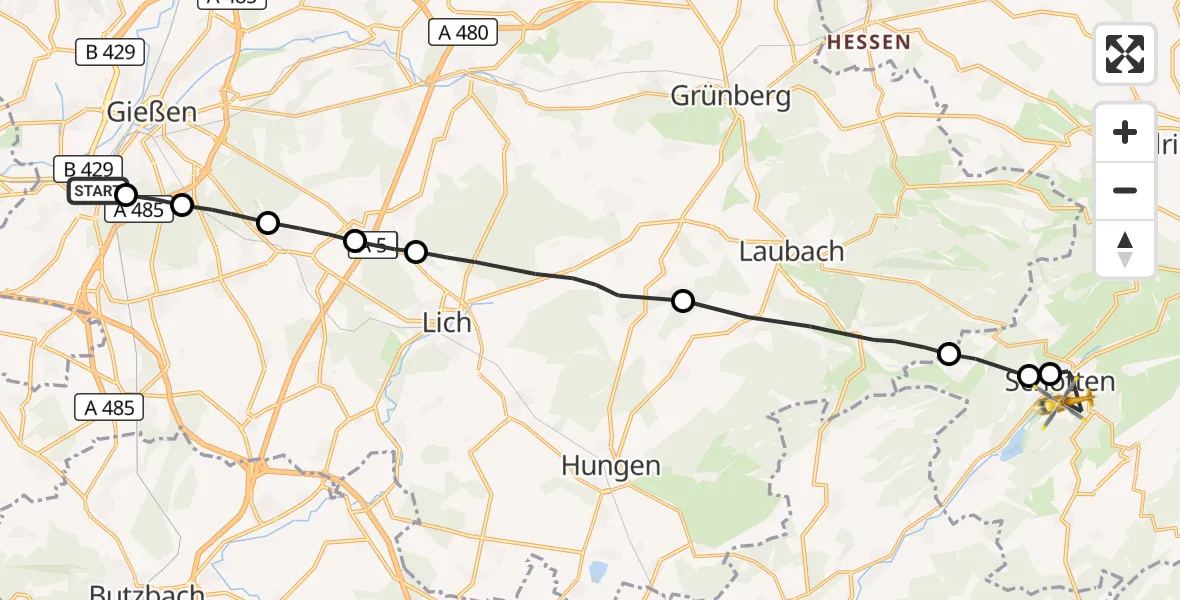 Flugroute Ambulanzhubschrauber Gießen - Schotten, 28 Oktober 2026, 17:06