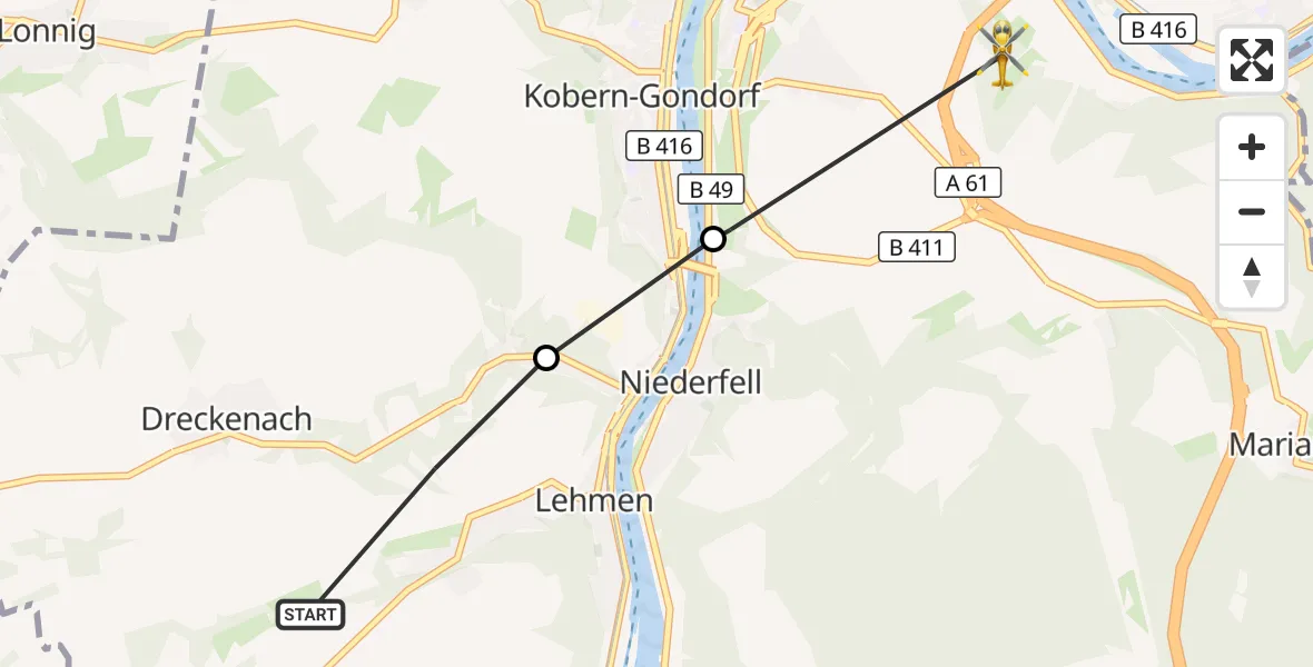 Flugroute Ambulanzhubschrauber Lehmen - Dieblich, 28 Oktober 2026, 17:29