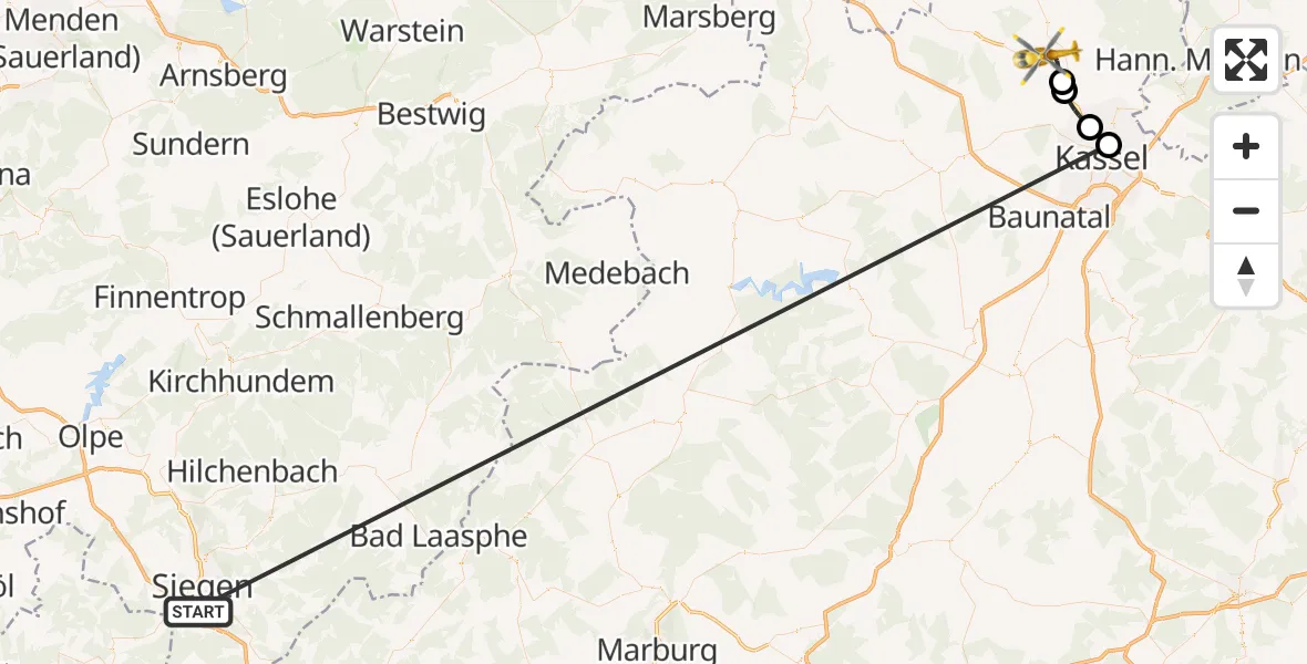 Flugroute Rettungshubschrauber Evangelisches Jung-Stilling Hospital - Kassel Flughafen, 28 Oktober 2026, 17:44