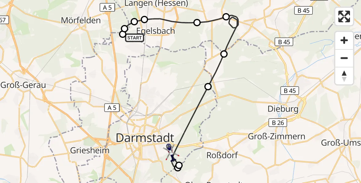 Flugroute Polizeihubschrauber Flughafen Frankfurt-Egelsbach - Darmstadt, 28 Oktober 2026, 17:49