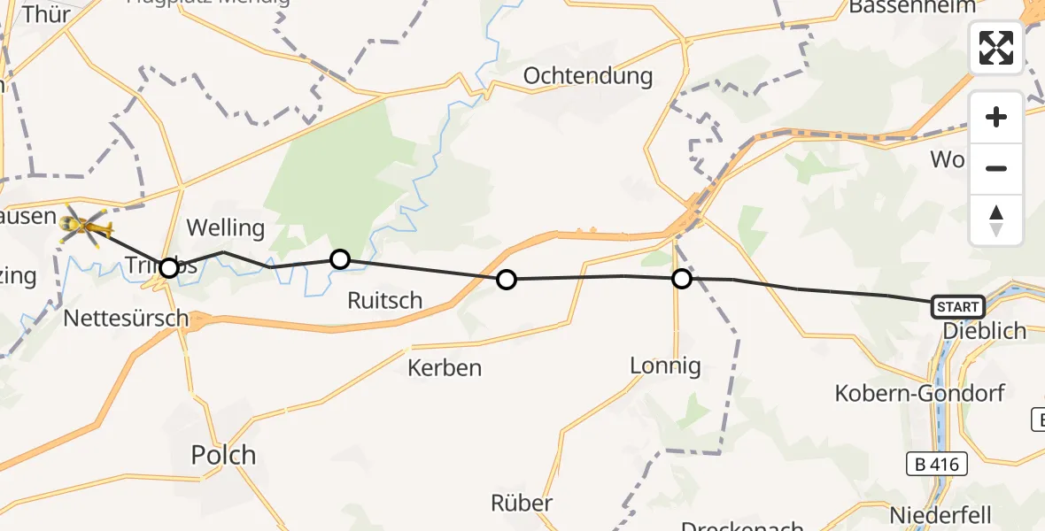 Flugroute Ambulanzhubschrauber Kobern-Gondorf - Trimbs, 28 Oktober 2026, 17:50
