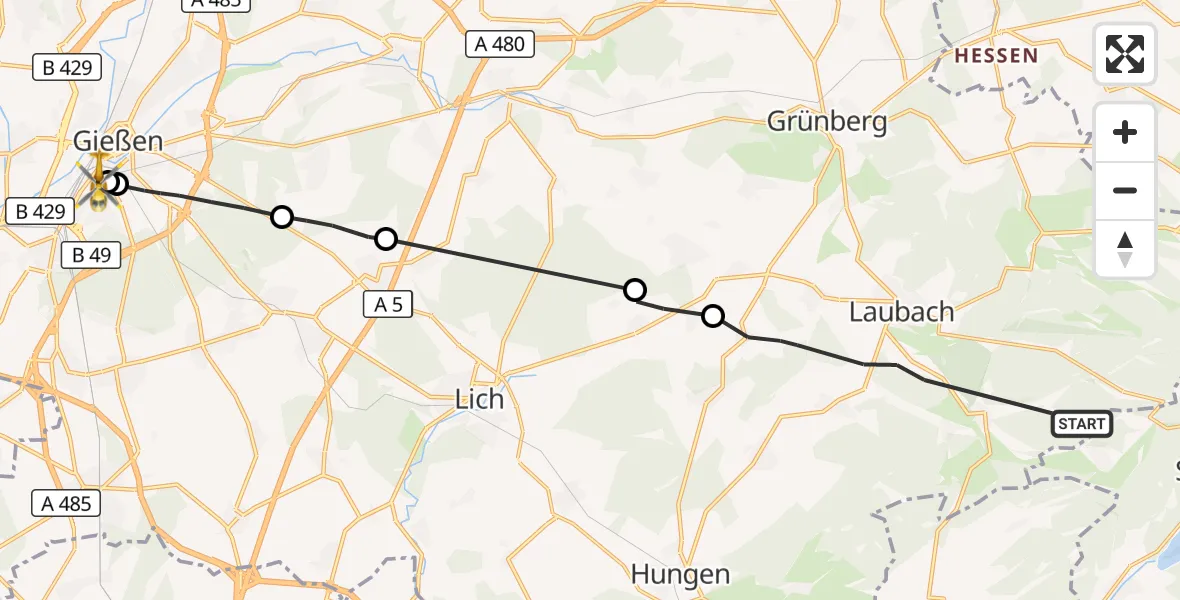 Flugroute Ambulanzhubschrauber Laubach - Gießen University Hospital, 28 Oktober 2026, 18:08