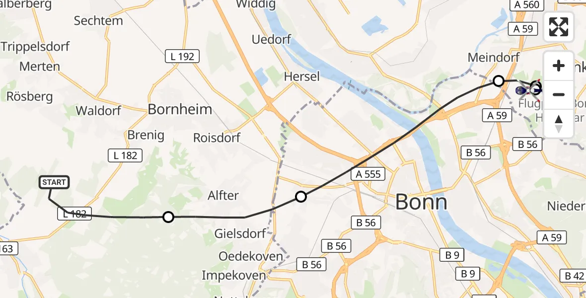 Flugroute Polizeihubschrauber Bornheim - Sankt Augustin, 28 Oktober 2026, 18:25