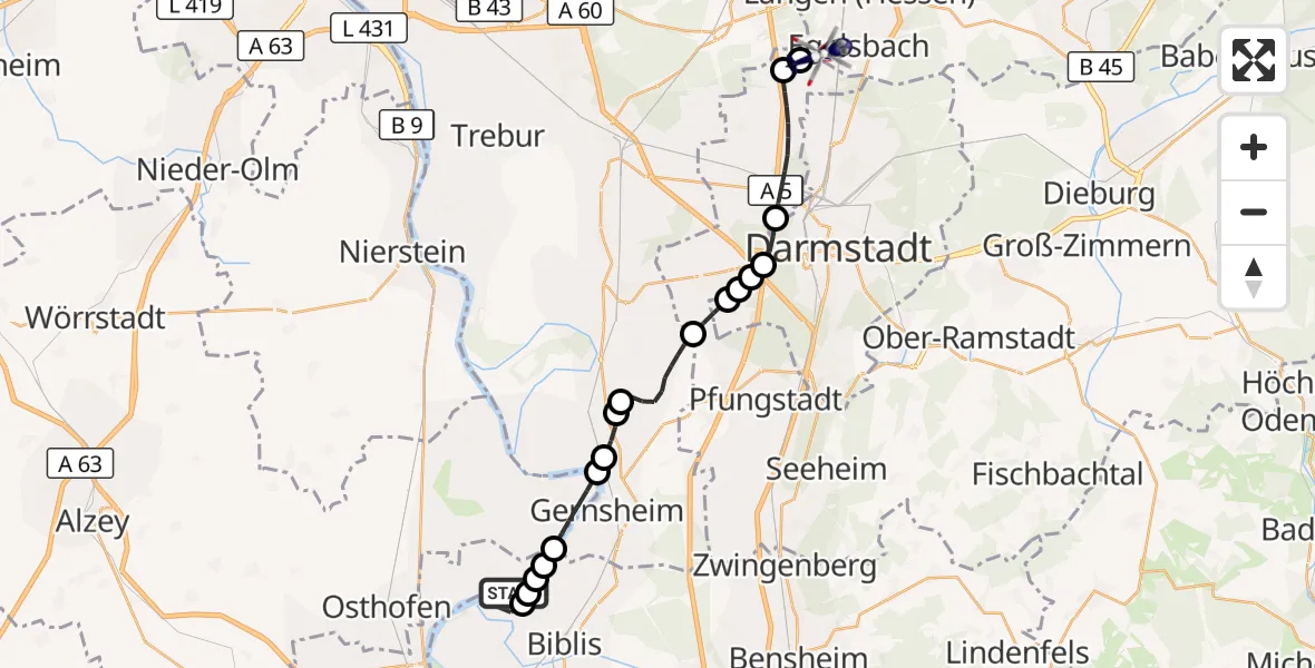 Flugroute Polizeihubschrauber Biblis - Flughafen Frankfurt-Egelsbach, 28 Oktober 2026, 18:31