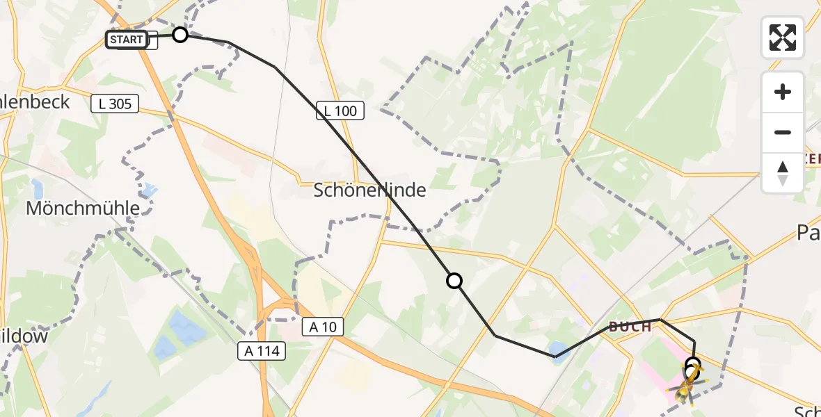 Flugroute Rettungshubschrauber Mühlenbecker Land - Helios Clinic Berlin-Buch, 28 Oktober 2026, 18:43