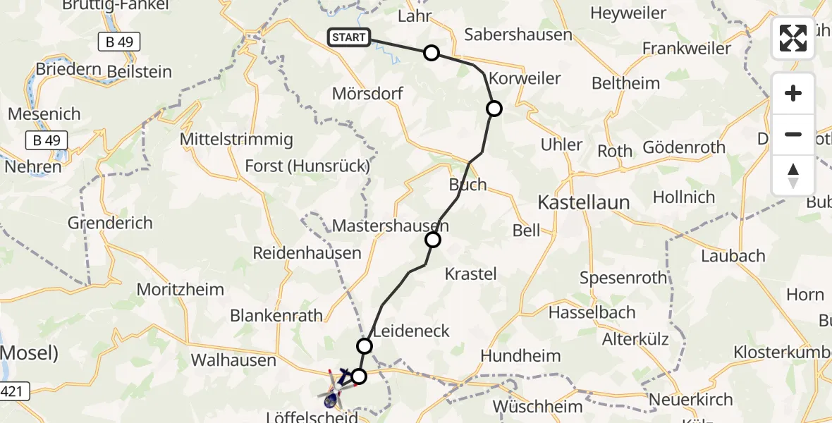 Flugroute Polizeihubschrauber Mörsdorf - Peterswald-Löffelscheid, 28 Oktober 2026, 19:05