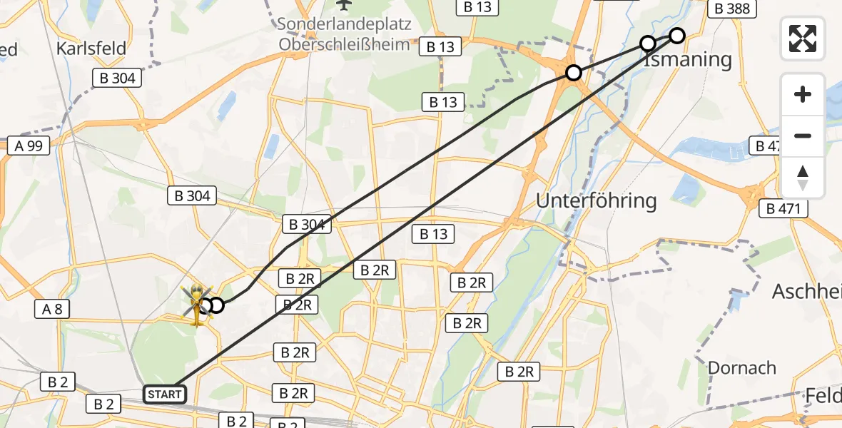 Flugroute Rettungshubschrauber München - Dritter Orden University Hospital, 28 Oktober 2026, 19:07