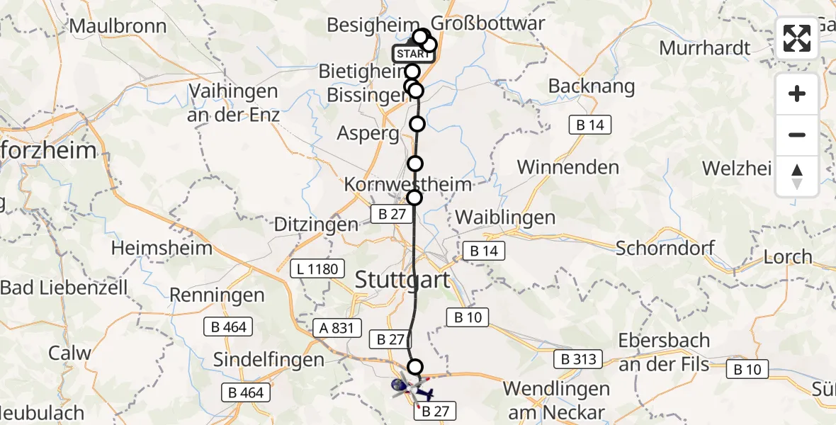 Flugroute Polizeihubschrauber Ingersheim - Flughafen Stuttgart, 28 Oktober 2026, 19:17