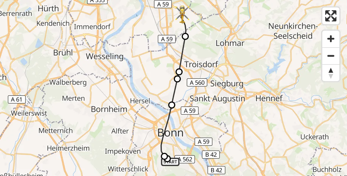 Flugroute Ambulanzhubschrauber Bonn University Hospital - Köln Bonn Flughafen, 28 Oktober 2026, 19:50