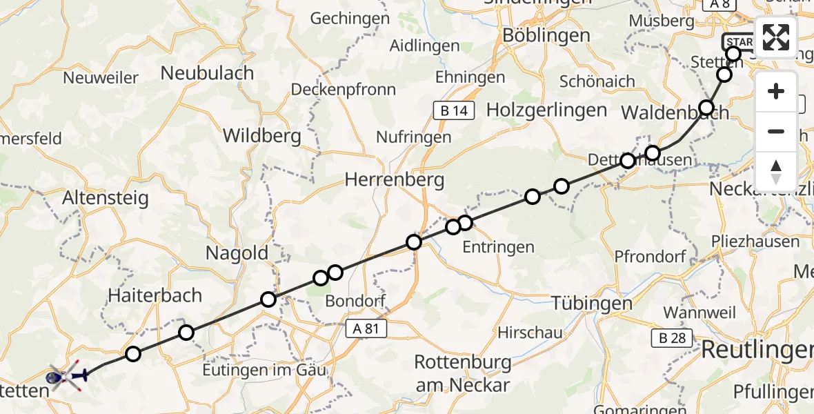 Flugroute Polizeihubschrauber Flughafen Stuttgart - Waldachtal, 28 Oktober 2026, 20:56