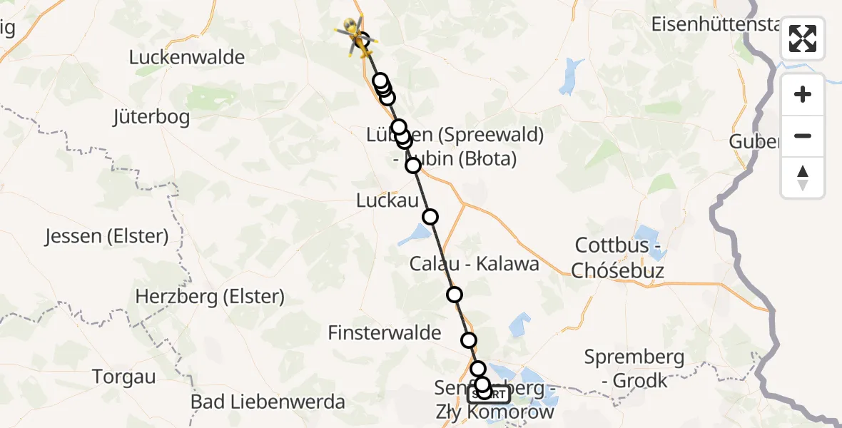 Flugroute Ambulanzhubschrauber ADAC Luftrettungsstation Senftenberg Hubschrauberlandeplatz - Teupitz, 28 Oktober 2026, 21:06