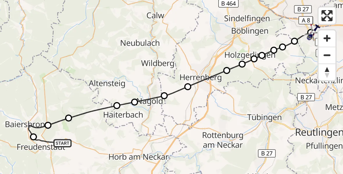 Flugroute Polizeihubschrauber Freudenstadt - Flughafen Stuttgart, 28 Oktober 2026, 21:30