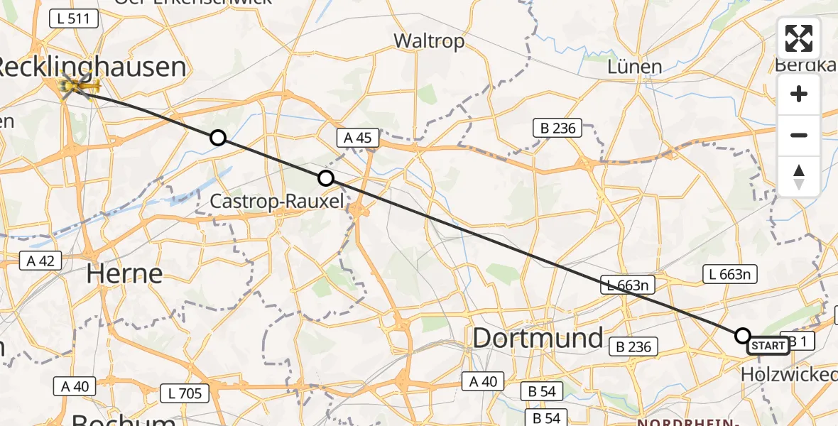 Flugroute Rettungshubschrauber Dortmund Flughafen - Recklinghausen, 29 Oktober 2026, 00:11