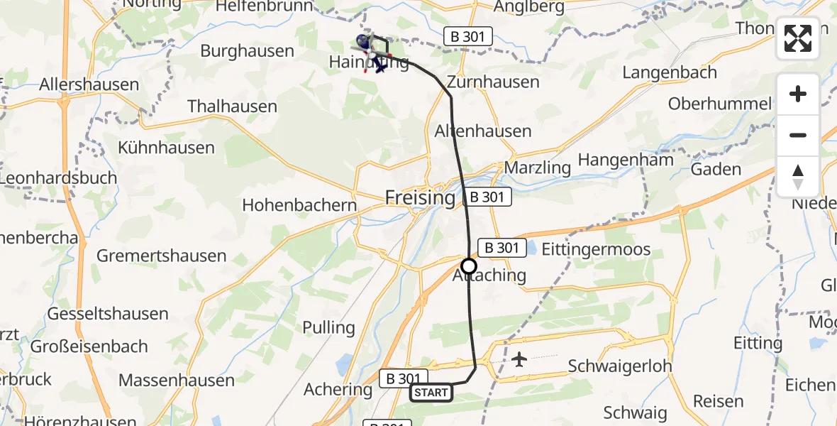 Flugroute Polizeihubschrauber München Flughafen - Freising, 29 Oktober 2026, 00:36