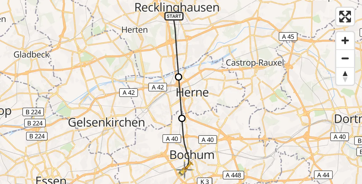 Flugroute Rettungshubschrauber Recklinghausen - Bochum, 29 Oktober 2026, 00:52