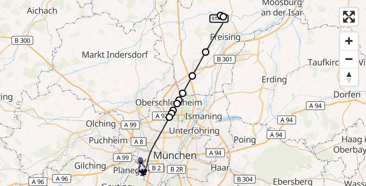 Flugroute Polizeihubschrauber Freising - DRF Air Rescue München Hubschrauberlandeplatz, 29 Oktober 2026, 01:03