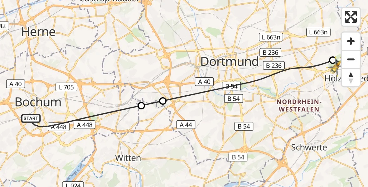 Flugroute Rettungshubschrauber Bochum - Dortmund Flughafen, 29 Oktober 2026, 01:33