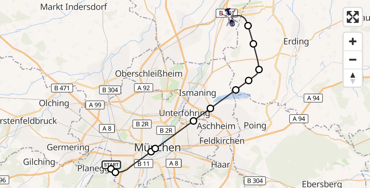 Flugroute Polizeihubschrauber DRF Air Rescue München Hubschrauberlandeplatz - München Flughafen, 29 Oktober 2026, 02:04