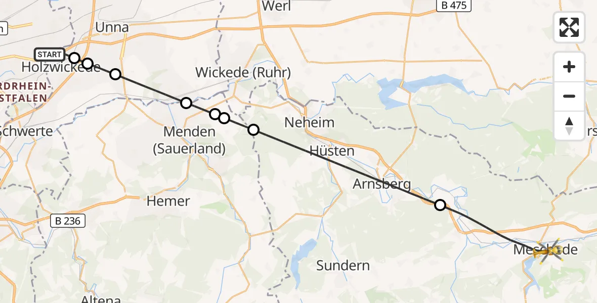 Flugroute Rettungshubschrauber Dortmund Flughafen - Meschede, 29 Oktober 2026, 02:13