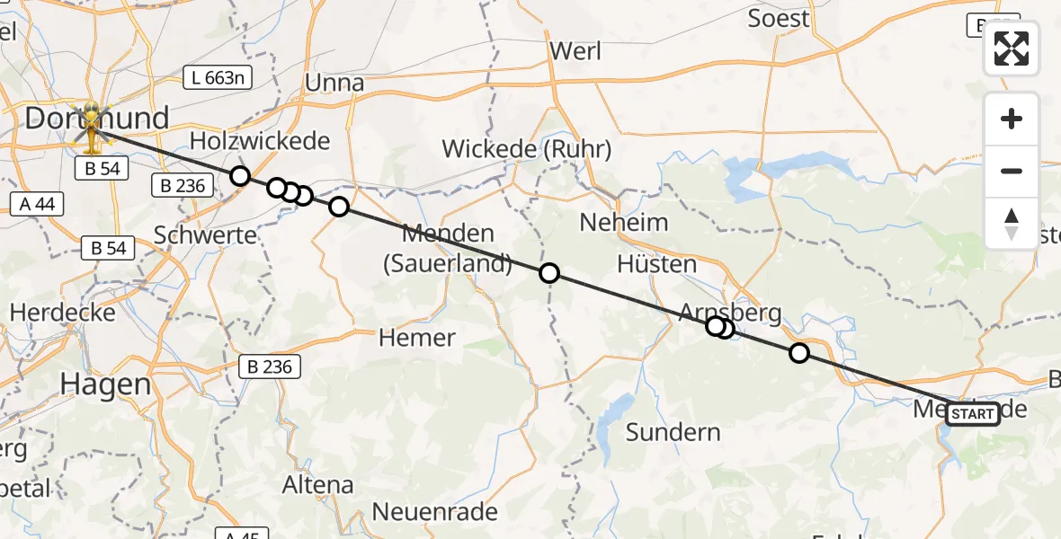 Flugroute Rettungshubschrauber Meschede - Dortmund, 29 Oktober 2026, 02:56