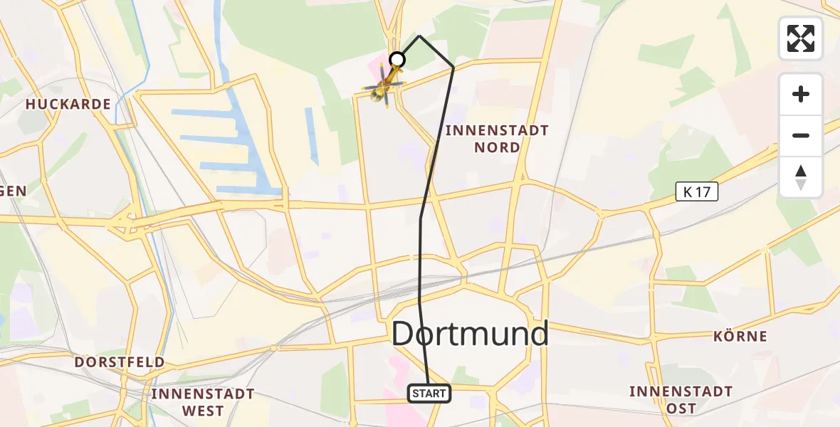 Flugroute Rettungshubschrauber Dortmund - Dortmund Hospital North, 29 Oktober 2026, 03:20