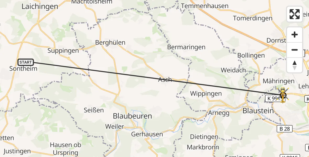 Flugroute Rettungshubschrauber Heroldstatt - ADAC Air Rescue Station Ulm (Christoph 22), 29 Oktober 2026, 05:47