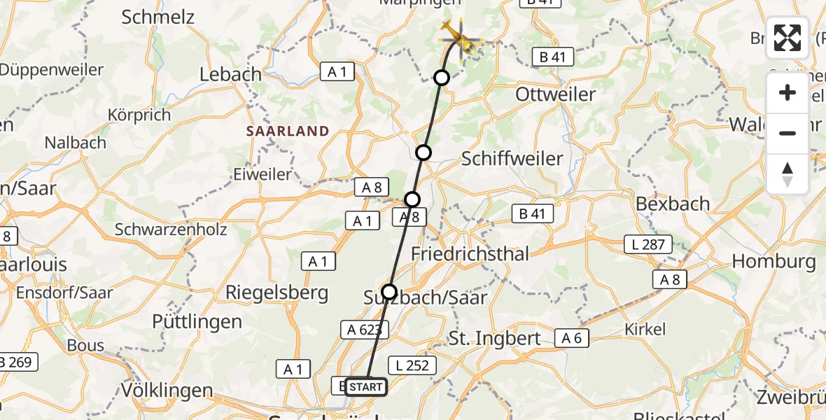 Flugroute Rettungshubschrauber Saarbrücken - Marpingen, 29 Oktober 2026, 06:31