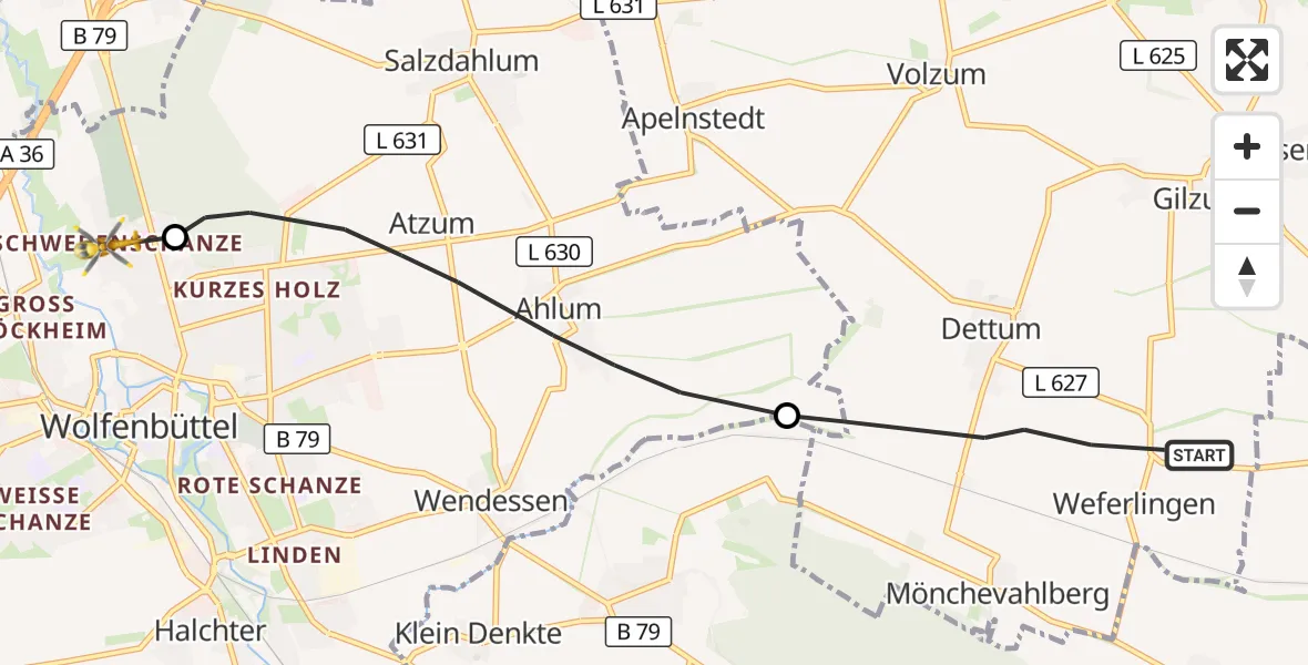Flugroute Rettungshubschrauber Dettum - Wolfenbüttel Municipal Hospital Hubschrauberlandeplatz (Christoph 30), 29 Oktober 2026, 07:02