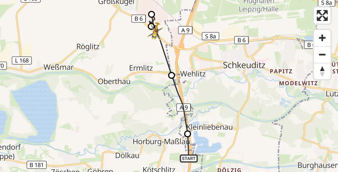 Flugroute Rettungshubschrauber Leuna - Schkopau, 29 Oktober 2026, 07:11